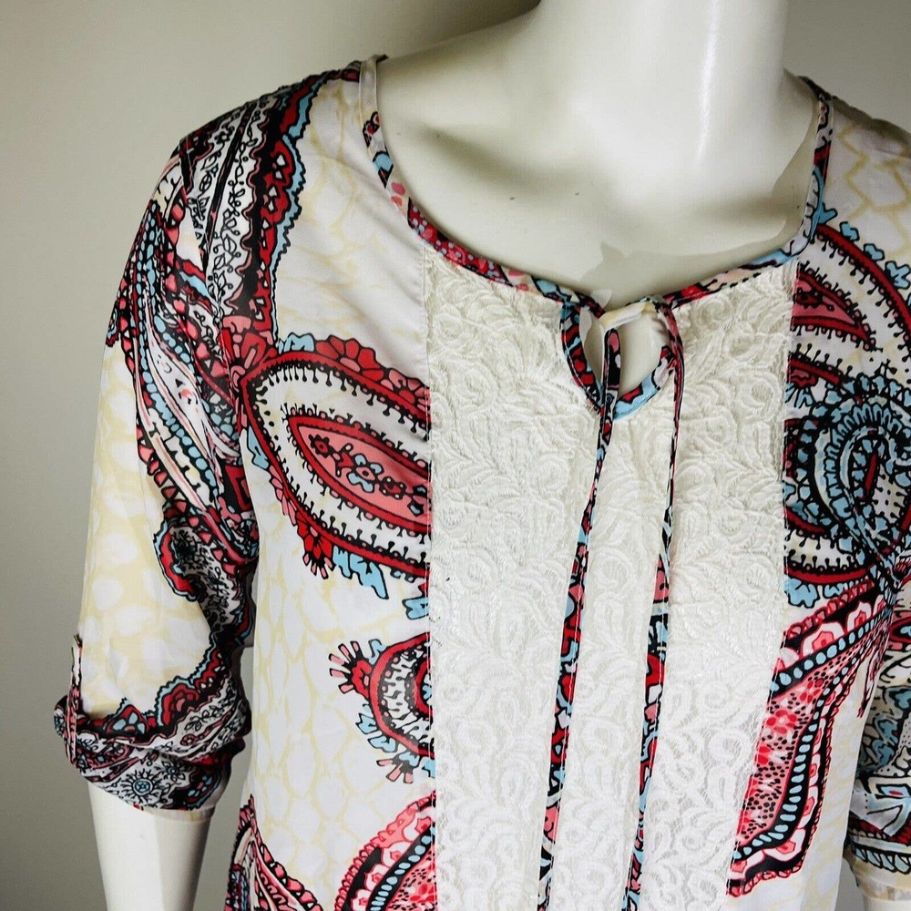 Multiples Womans Sz Large Red Paisley Neck 3/4‎ Sleeve Tie Neck - Picture 3 of 8